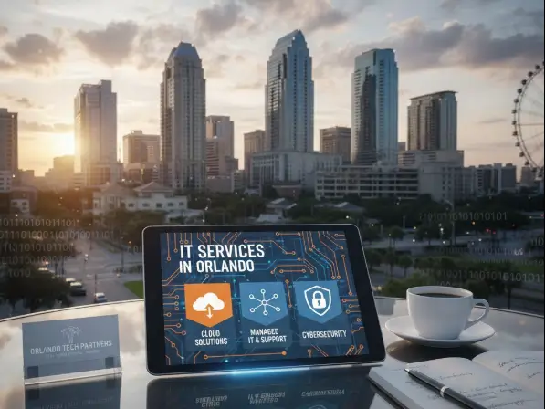 IT Services in Orlando professional tech display with skyline background.