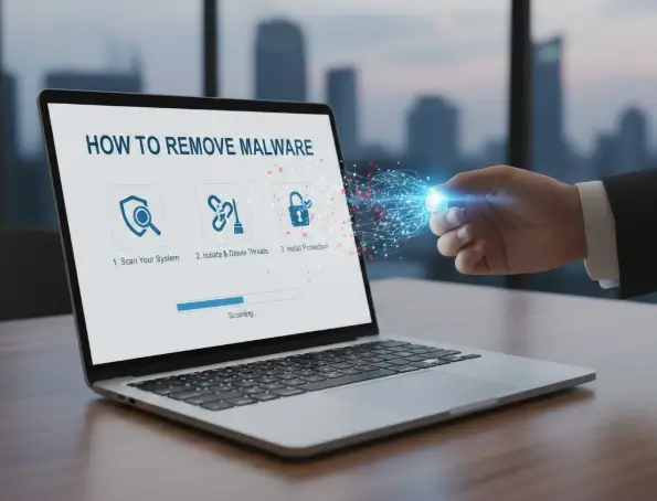 A professional image showing a laptop screen with "How to Remove Malware" and a security scan.